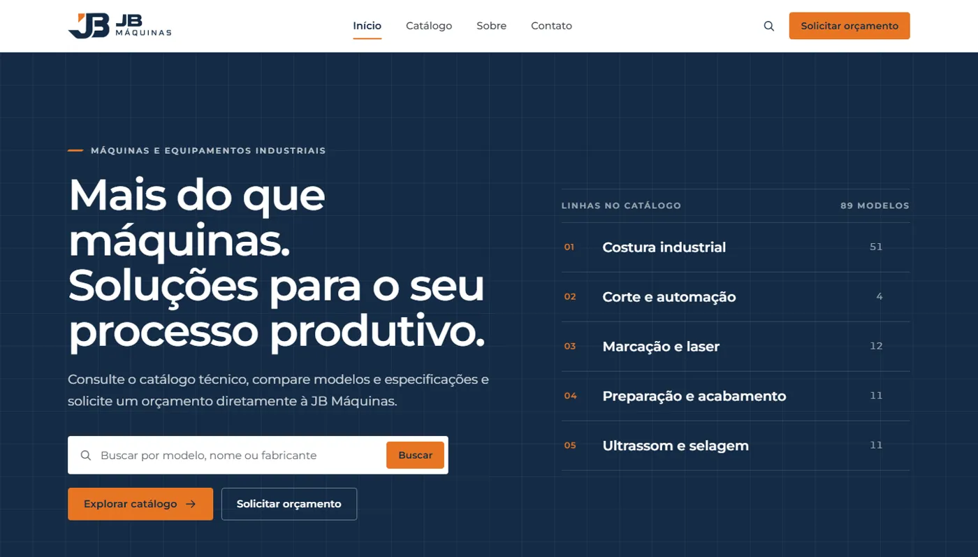 Página inicial do site da JB Máquinas